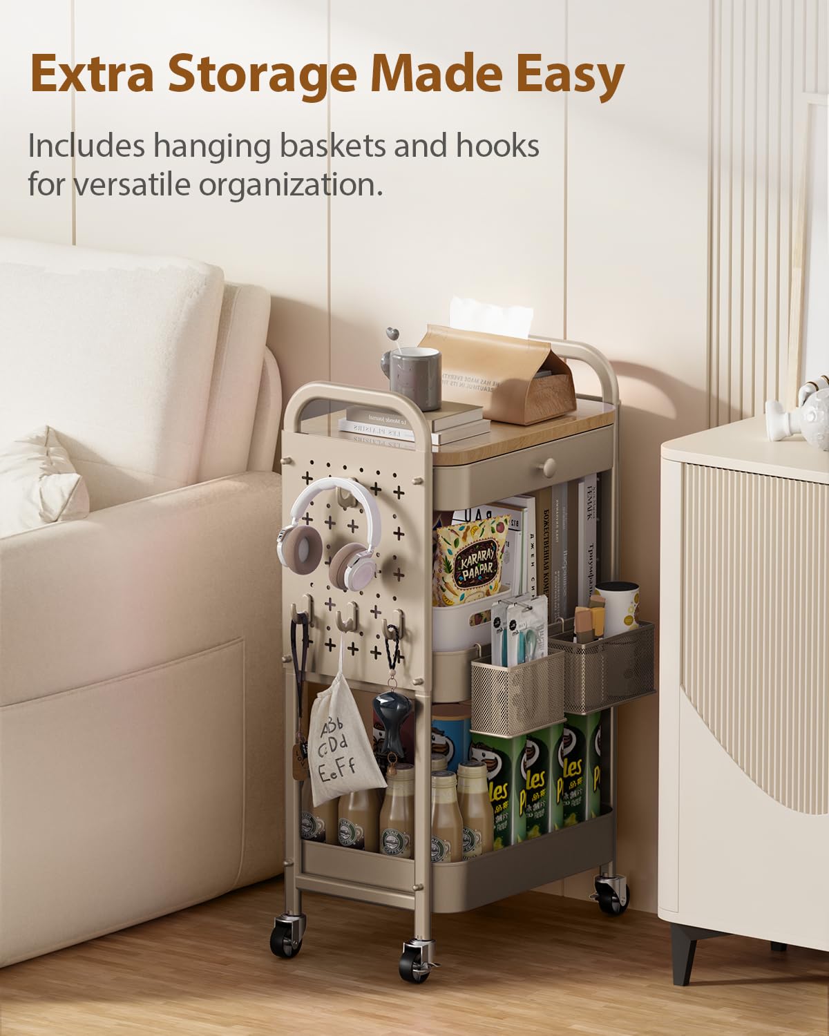 ALVOROG Rolling Cart with Drawer and Wood Table Top, 3 Tier Metal Rolling Utility Cart on Wheels with DIY Pegboards, Hanging Baskets, Hooks for Kitchen, Bedroom, Office, Craft Supplies ALVOROG