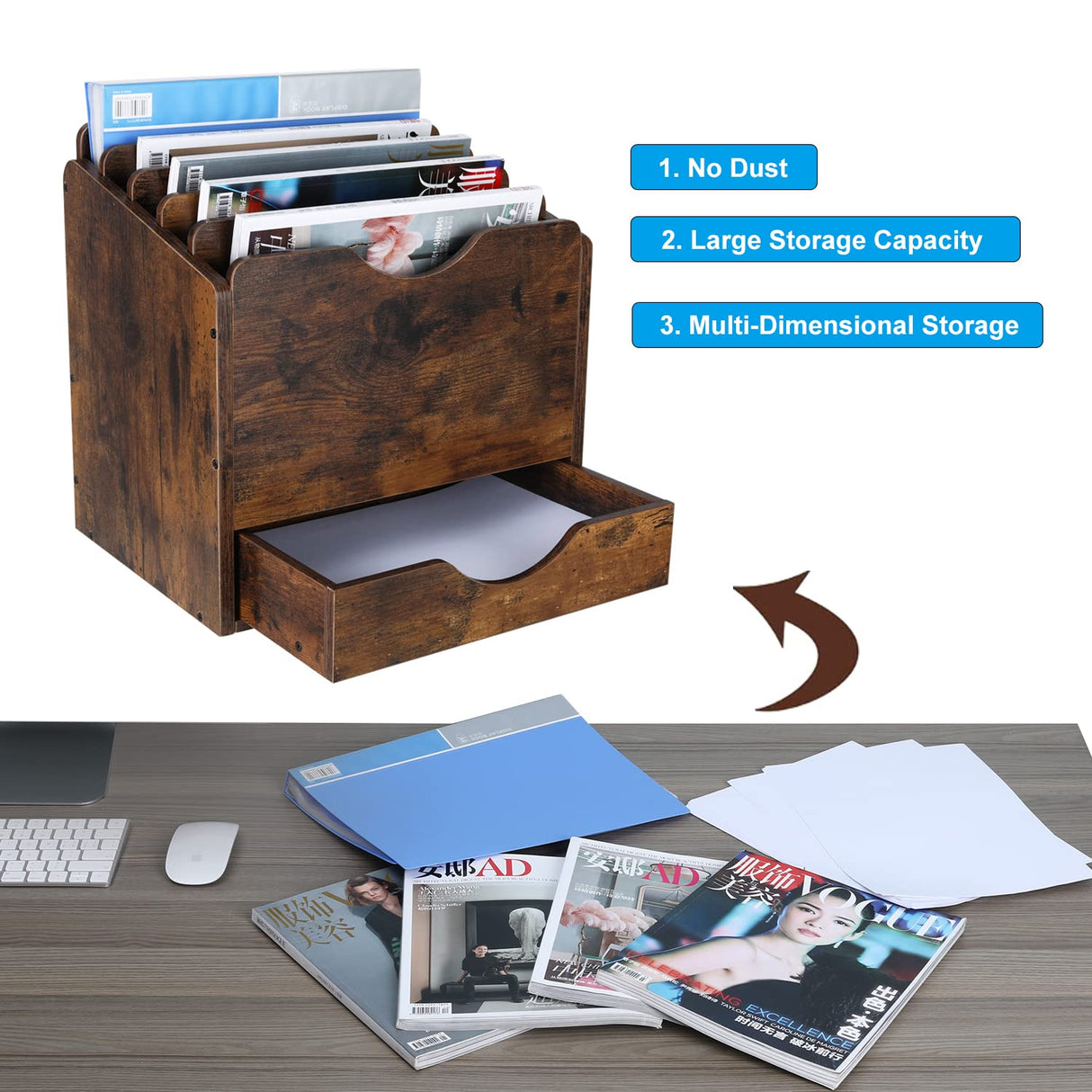 PAG Wood Desktop File Holder Organizer Mail Sorter with Drawer, for File Folders, Mails, Envelopes, Mailing Supplies or Magazines, 6 Compartments, Antique Brown PAG