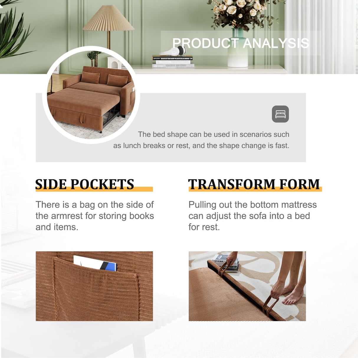 ECHINGLE Sleeper Sofa with Pull Out Sofa Bed,Corduroy Futon Sofa Bed with 3 Level Adjustable Backrest & Storage Pockets and 2 Toss Pillows,Modern Couch Bed for Living Room,Bedroom(Brown) ECHINGLE