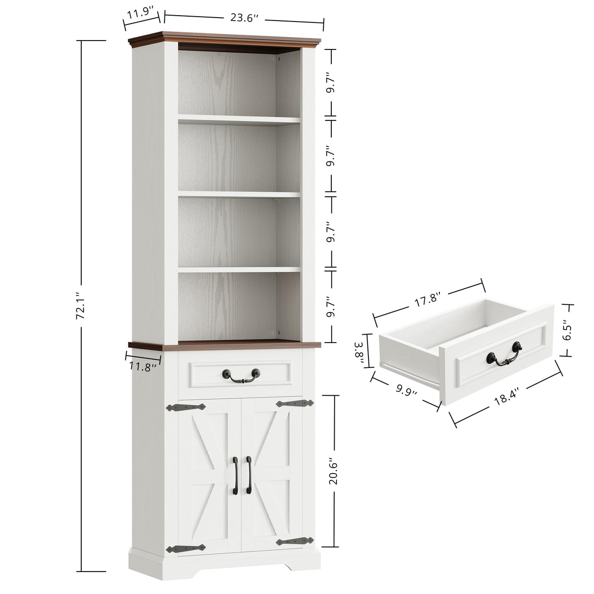 IRONCK Bookshelf with Storage Cabinet, 72" Tall Farmhouse Bookcase with Adjustable Shelves and Drawer, 4 Tier Open Shelf Bookcase with LED Lights for Home Office, Living Room, White/Walnut IRONCK