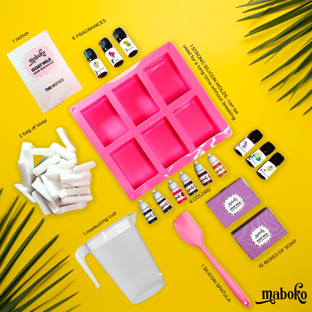 Goat Milk Soap Making Kit for Adults – 2lb Pre-Cut Base, 6 Colors, 6 Scents, Silicone Mold, Pitcher & Gift Boxes – All-in-One DIY Soap Kit with Supplies Maboko