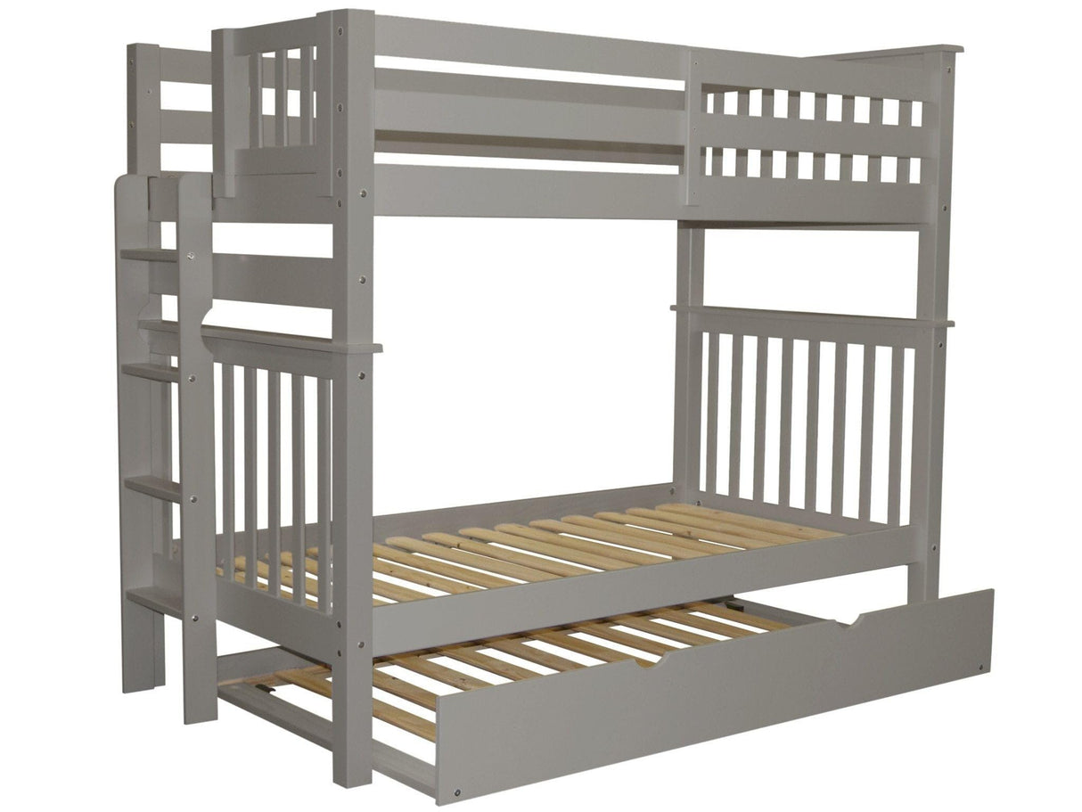 Bedz King Tall Bunk Beds Twin over Twin Mission Style with End Ladder and a Twin Trundle, Gray Bedz King