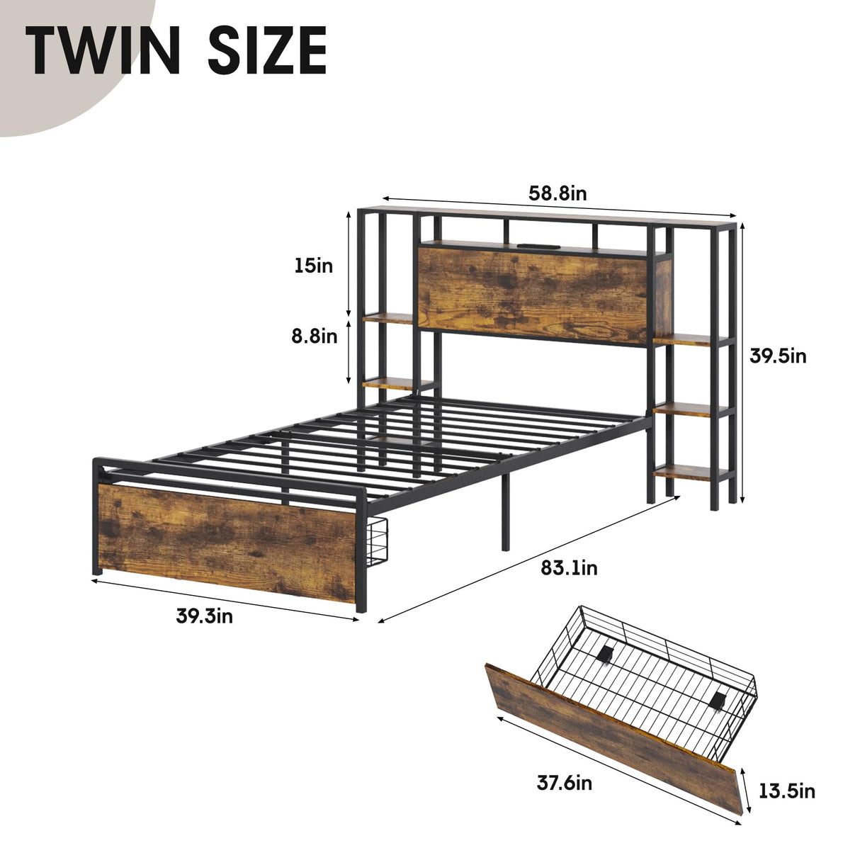 Maupvit Twin Bed Frame with 3-Tier Storage Shelves, Storage Drawer and Headboard, Twin Size Bed with Charging Station & LED Lights, Metal Platform Bed with Storage, No Box Spring Needed, Brown Maupvit