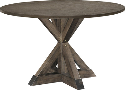 Finch Alfred Round Solid Wood Rustic Dining Table for Farmhouse Kitchen Room Decor, Wooden Trestle Pedestal Base, 46.5" Wide Circular Tabletop, Distressed Brown