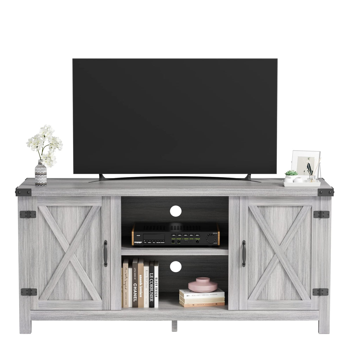 JUMMICO TV Stand for 65 Inch TV Farmhouse Entertainment Center with Double Barn Doors and Storage Cabinets, Console TV Table Media for Living Room, Bedroom (Grey, Without Fireplace) JUMMICO