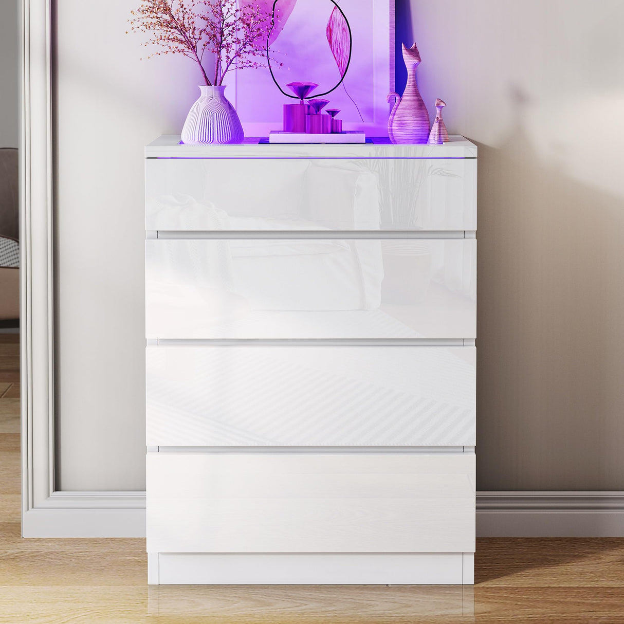 YITAHOME Dresser with LED, High Gloss Surface Large Chest of Drawers Storage Organizer with Glass Top, 4 Drawers TV Stand, Wide Dresser for Living Room YITAHOME