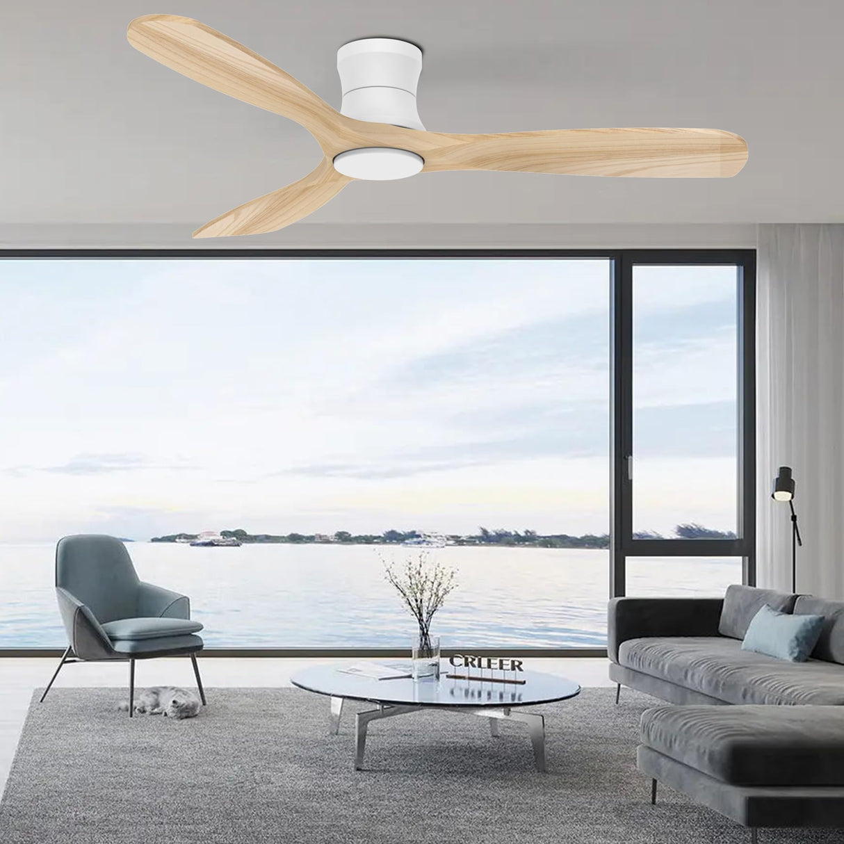 Livory Smart 52” Wood Flush Mount Ceiling Fans with Lights and Remote,Quiet DC Motor,Outdoor Indoor Ultra Low Profile Ceiling Fan works with Alexa WIFI APP,Modern White Ceiling Fan for Bedroom Patio Livory
