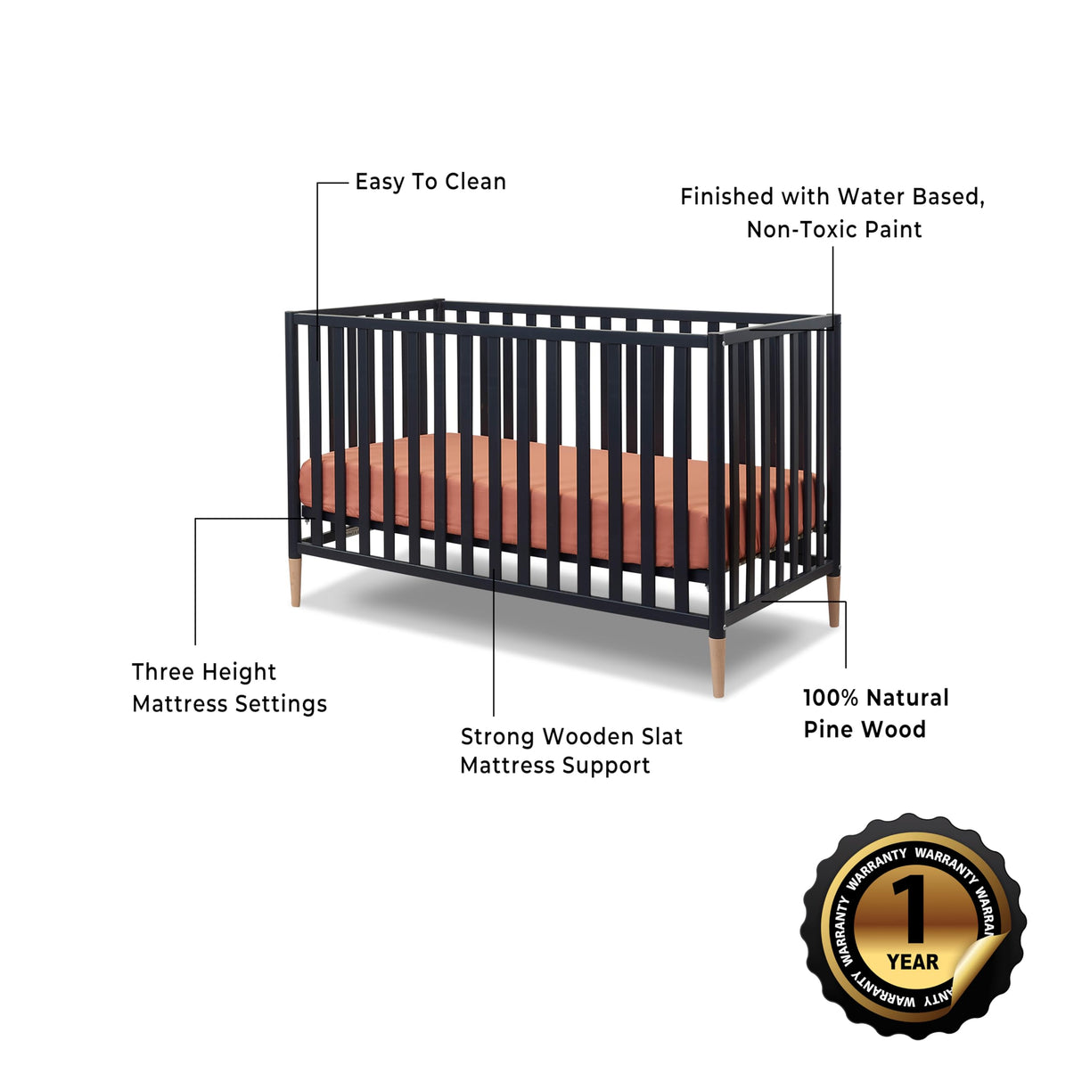 Sorelle Furniture Mia Crib Classic 3-in-1 Convertible Crib, Made of Sustainable Beech Wood, Wooden Baby Bed, Toddler and Child’s Daybed, with Removable Feet, Simplistic Nursery Furniture (Midnight) Sorelle Furniture