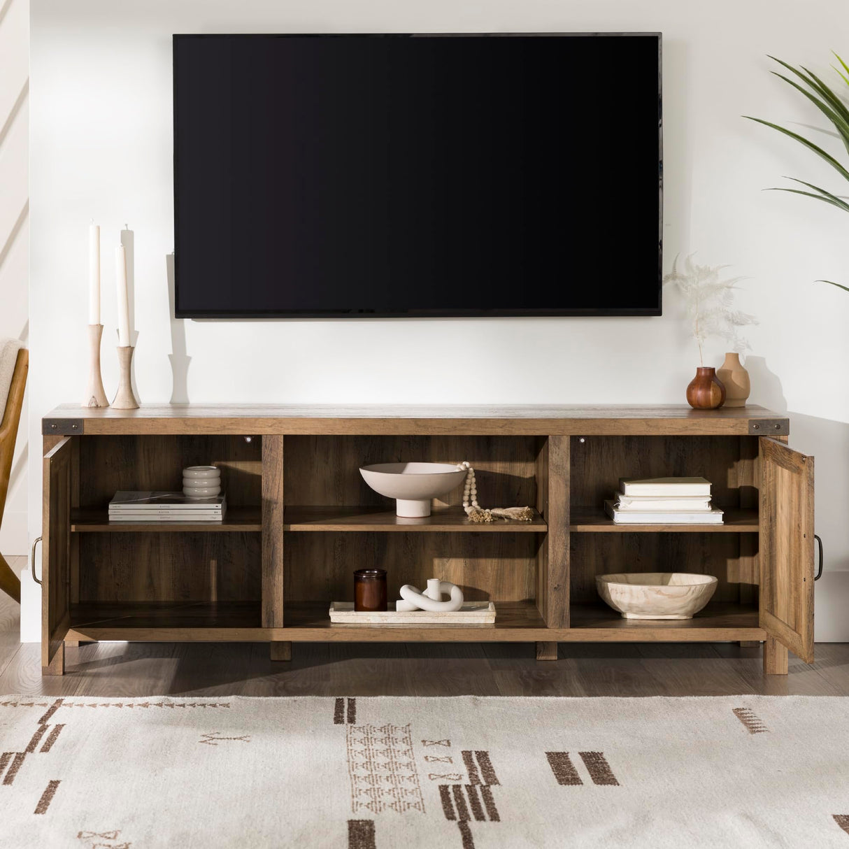 Walker Edison Georgetown Modern Farmhouse Double Barn Door TV Stand for TVs up to 80 Inches, 70 Inch, Rustic Oak, Without Fireplace, 15.75 x 70 x 24 inches Walker Edison