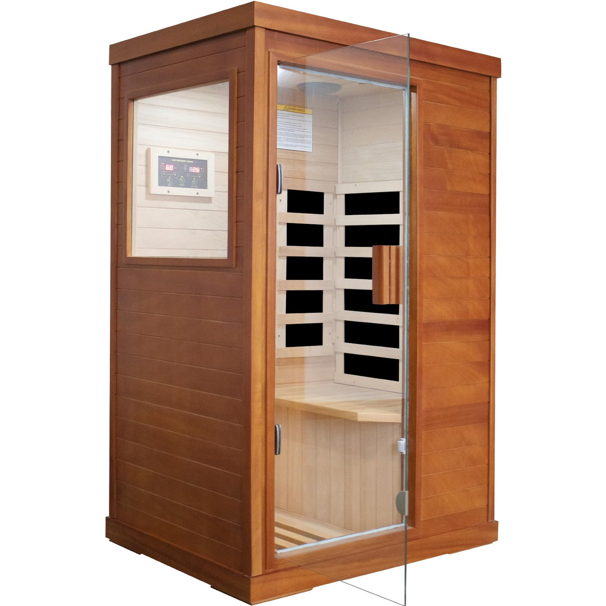 One/Single Person Sauna Far Infrared Oguman Wood Saunas Room with Red Light Therapy Home Wood Spa Dry Saunas Single Person Spa Beauty of Natural Wood 27.6"x35.2"x61.6" Light Brown cabirty