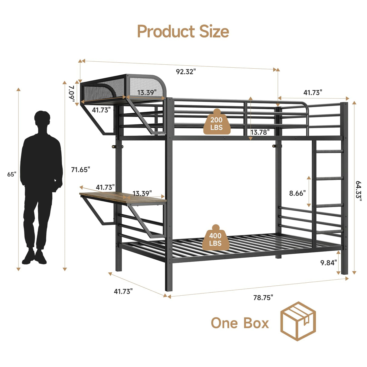 Bunk Bed Twin Over Twin, Metal Bunk Beds with Power Outlets & Desk, Heavy-Duty Bunkbeds Frame with Safety Guardrail & Ladders, Upper Bed with Storage Rack, No Box Spring Needed, for Juniors, Black ONBRILL