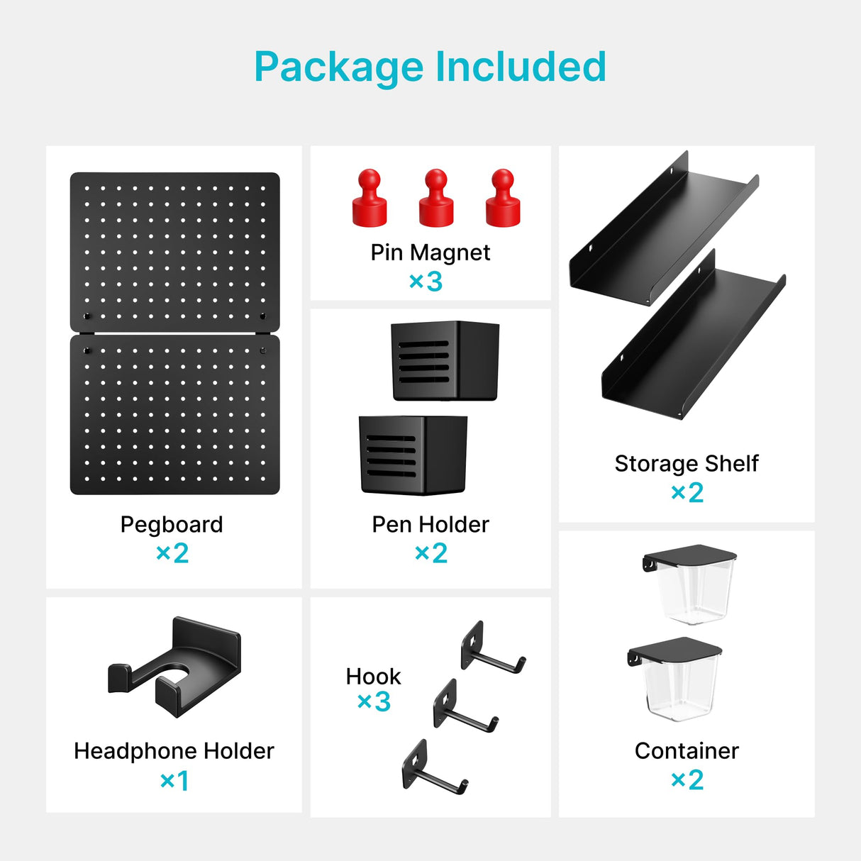 PEGZONE Pegboard Wall Organizer Combination Kit, Overall 25.4"x16.6" Metal Office Pegboard with 13 Accessories, Wall Mounted Peg board Display Panels for Home, Gaming Room, Garage (2Pcs, Medium,Black) PEGZONE