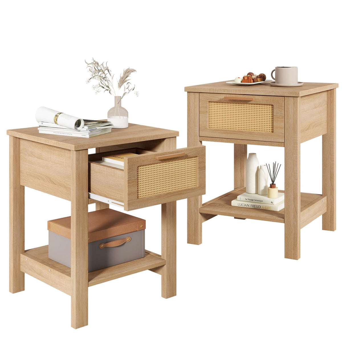 IBUYKE Rattan Nightstand Set of 2, Boho Night Stand with Drawer, Wood Bedside Tables with Storage Shelf, End Table with Legs for Bedroom, Natural UWNS011N-2 IBUYKE