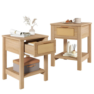 IBUYKE Rattan Nightstand Set of 2, Boho Night Stand with Drawer, Wood Bedside Tables with Storage Shelf, End Table with Legs for Bedroom, Natural UWNS011N-2
