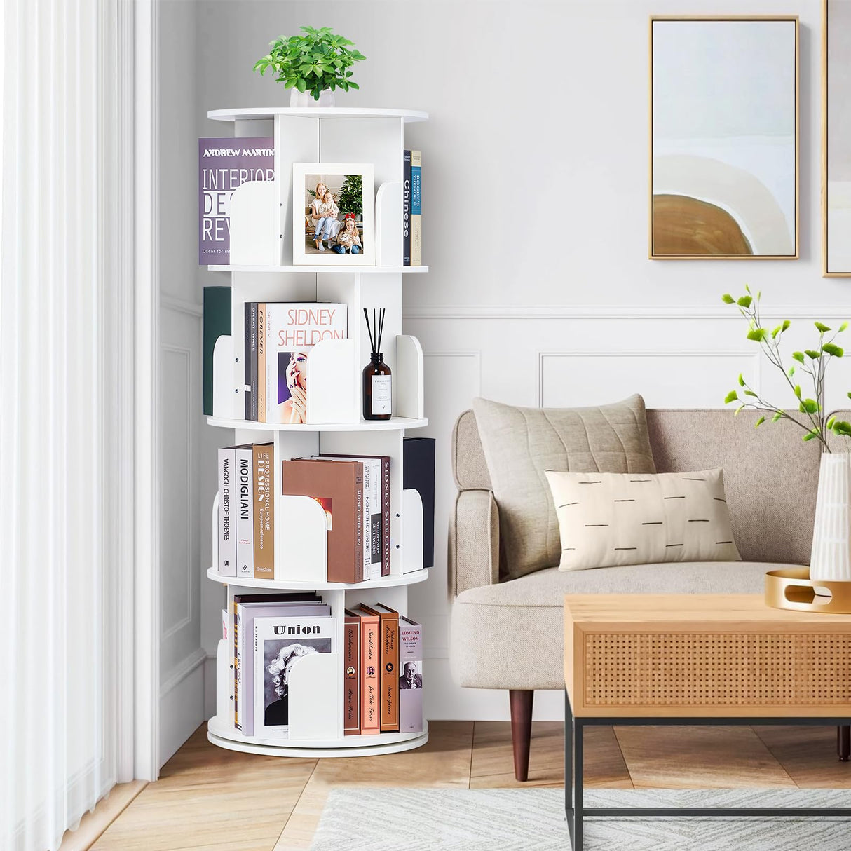 4-Tier 360-Degree Rotating Bookshelf for Kids - Space-Saving Corner Storage Rack in White ABTOR