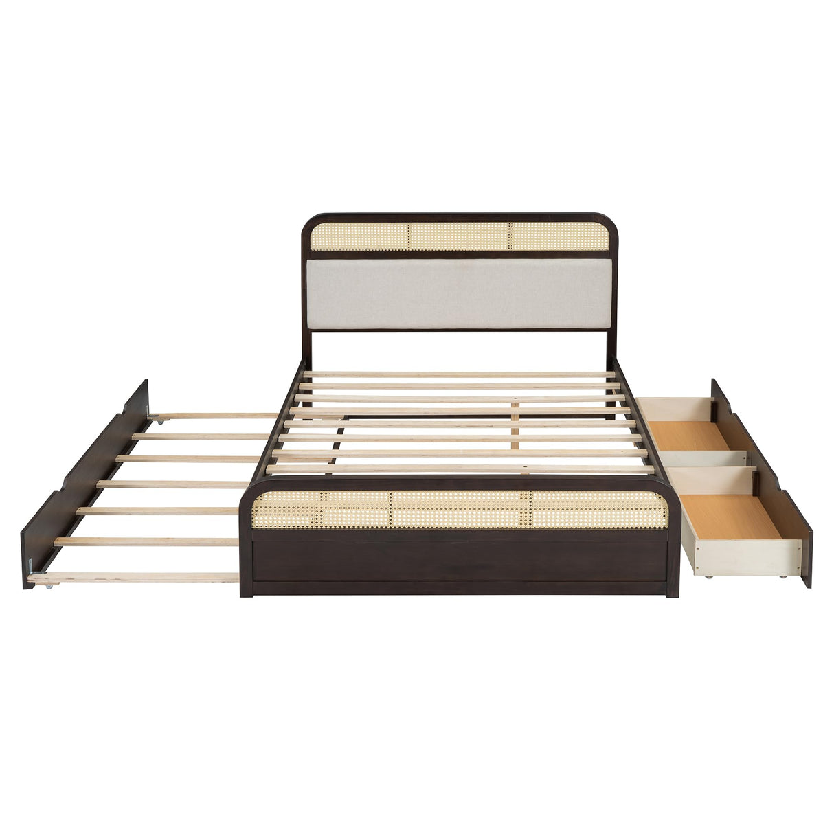 Ball & Cast Queen Wooden Platform Bed with Pull Out Trundle & Storage Drawers,Classic Bedframe W/Luxurious Padding Headboard,Rattan Accent,Modern Furniture for Bedroom Guest Room Apartment,Espresso Ball & Cast