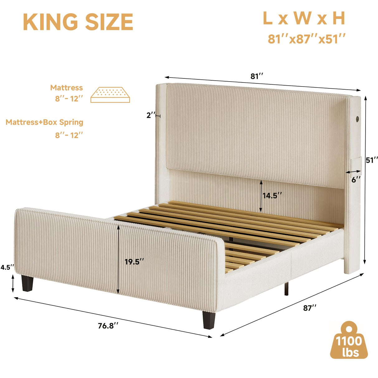 VINTLJUS King Size Bed Frame and Headboard, Upholstered King Bed Frame with Tall Wingback Headboard & Footboard, USB Ports, Easy Assembly, Beige VINTLJUS