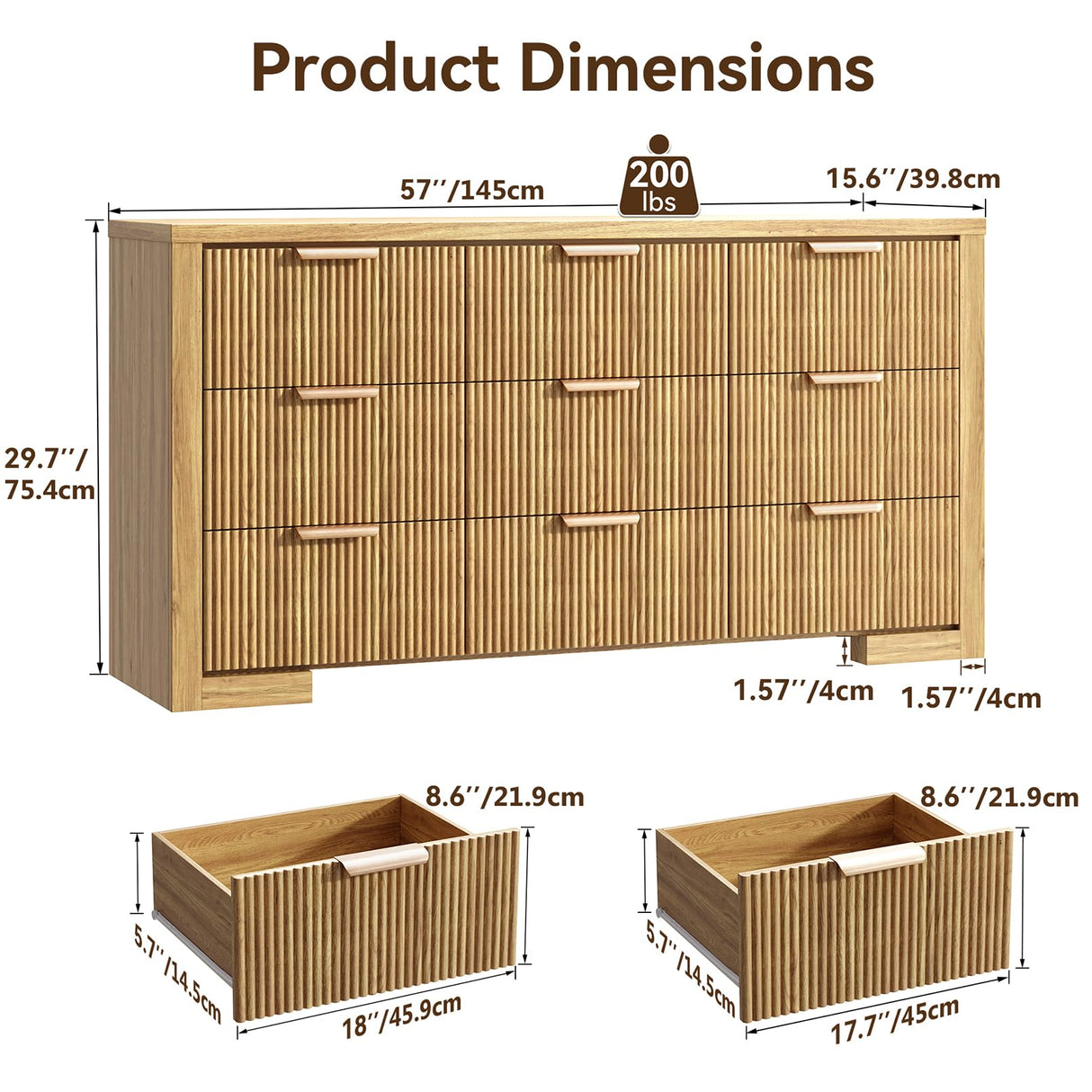 HOTALLOY Fluted Dresser for Bedroom, 9 Drawer Dresser with Gold Handle, 57" Wide Chest of Drawers, Modern Wood Dressers Organizer for Bedroom, Liveroom, Entryway, Natural Oak HOTALLOY