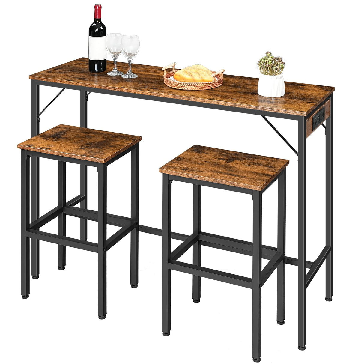 HOOBRO Bar Table and Chairs Set, 47.2" Dining Table Set with Power Outlet, 3-Piece Pub Table Set, Kitchen Bar Height Table with Stools of 2, Space Saving for Living Room, Rustic Brown BF46UBT01 HOOBRO