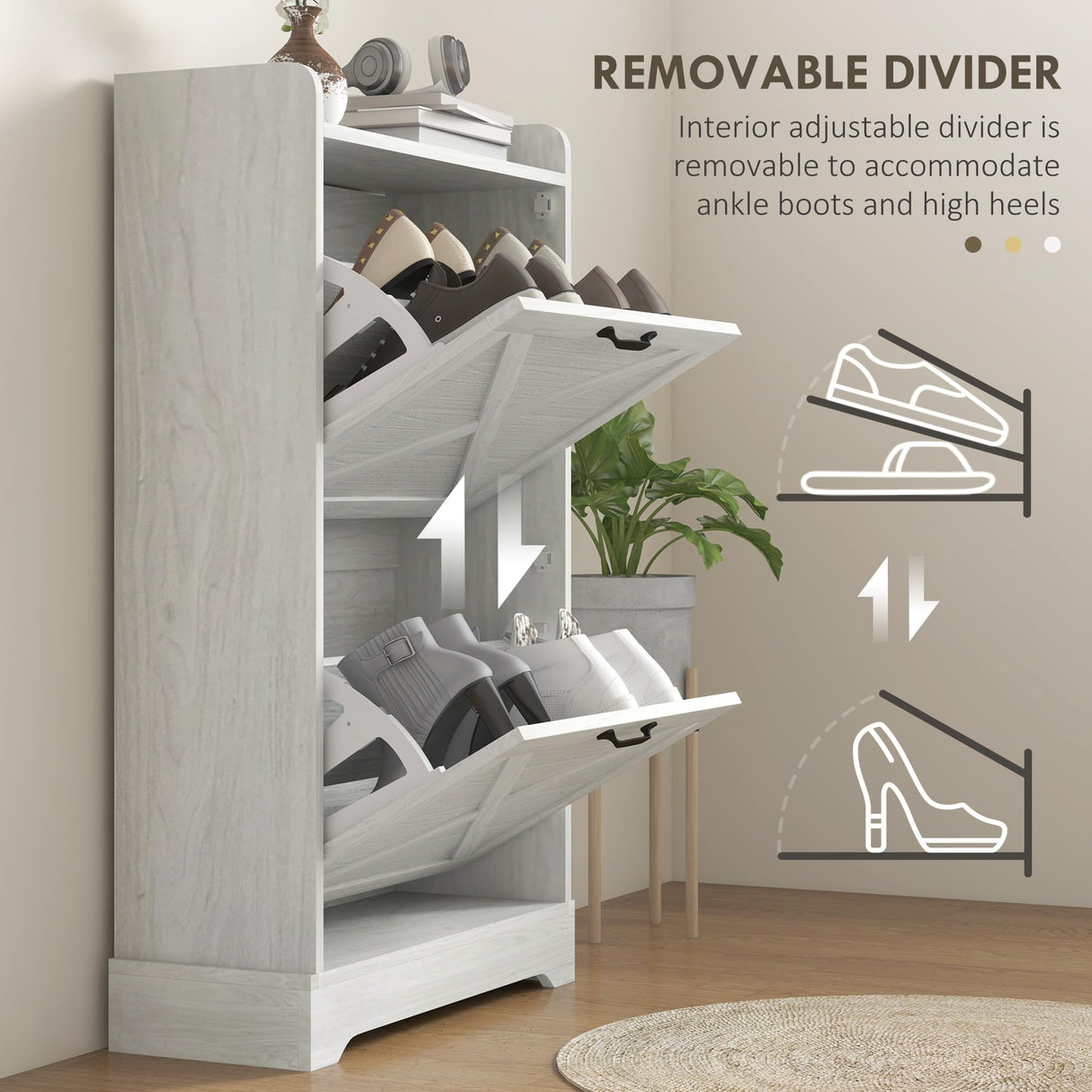 HOMCOM Slim Shoe Cabinet for Entryway, Farmhouse Hidden Shoe Storage Cabinet with 2 Flip Drawers and Adjustable Shelves for 8 Pairs of Shoes, Distressed White HOMCOM