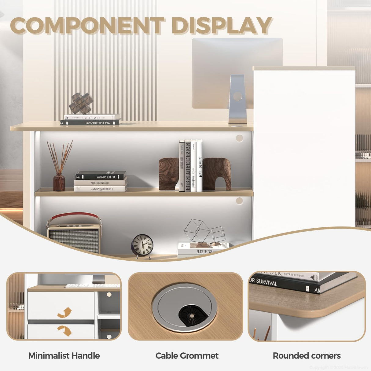 Huariifowm Reception Desk with Counter - Small Reception Desk for Office Counter with Storage Shelves, Drawer & LED Light, for Office, Salon, Store (White+Natural, 59" L * 20" W * 40" H/Left) Huariifowm