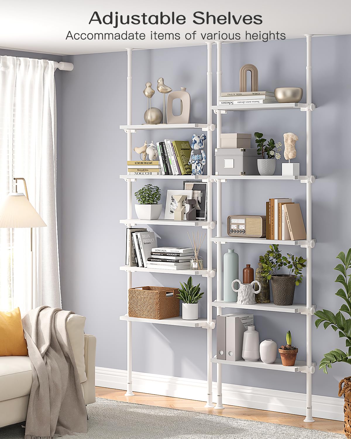 ALLZONE 5 Tiers Narrow Bookshelf, Tall Adjustable Ladder Book Shelf with Open Storage, Floor to Ceiling Tension Mount, Wooden Industrial Bookcase for Living Room, 92 to 116 Inch, White ALLZONE