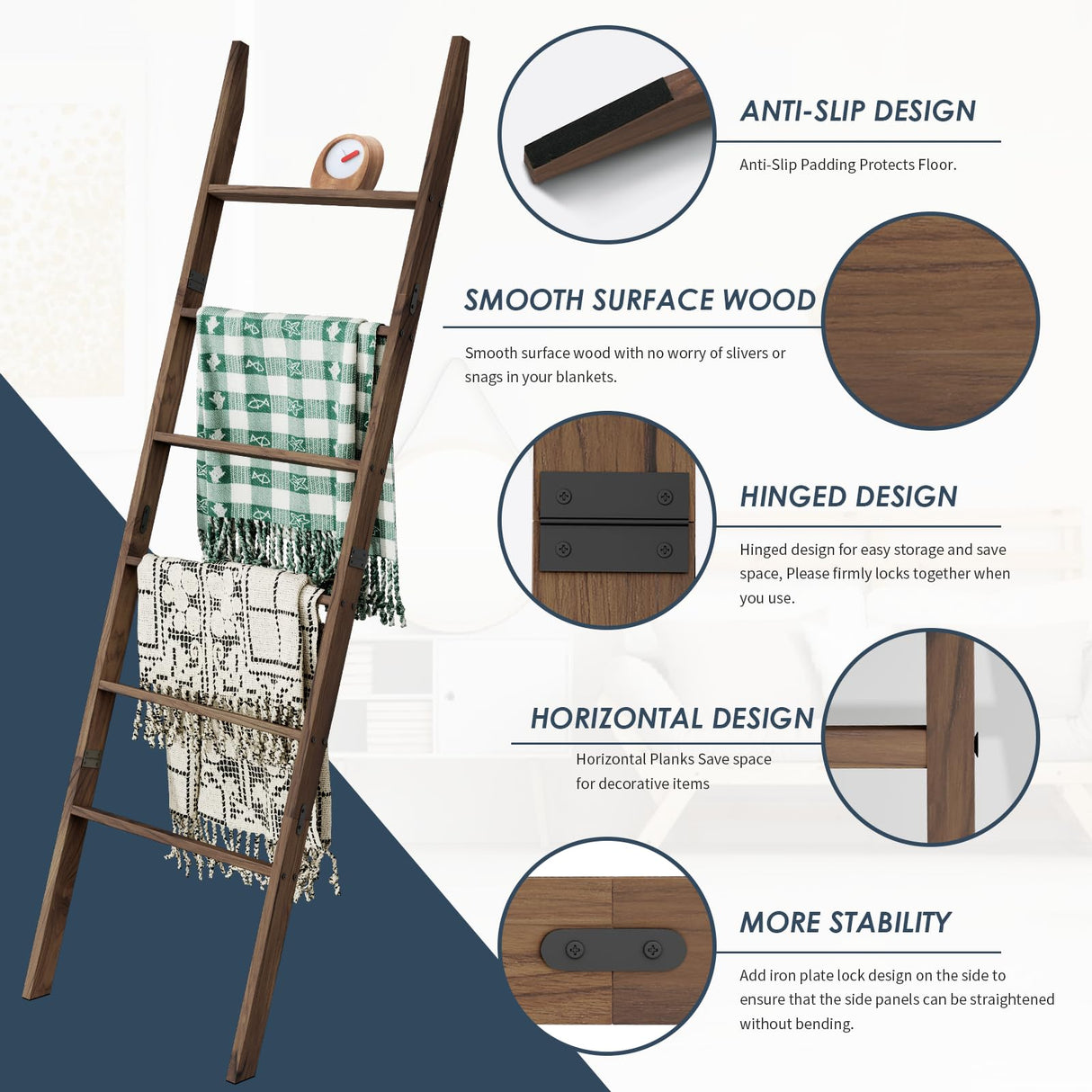 Delywh Acacia Wood Blanket Ladder, Rustic Towel Quilt Throw Clothes Blanket Ladders for The Living Room, Bedroom, Nursery Stand Holder, Wooden Decorative Ladder for Blankets Rack Farmhouse Home Decor Delywh