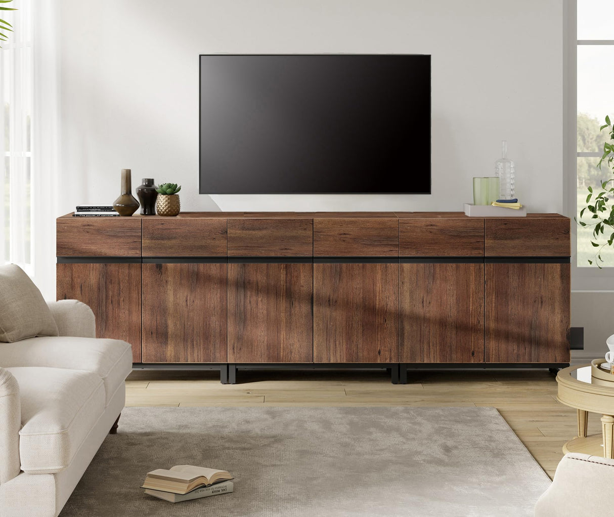 WAMPAT Modern TV Stand for 75-110 Inch TVs, Wooden Entertainment Center TV Console with Metal Base and Adjustable Shelves for Living Room, Bedroom, 94.5 Inch, Brown WAMPAT