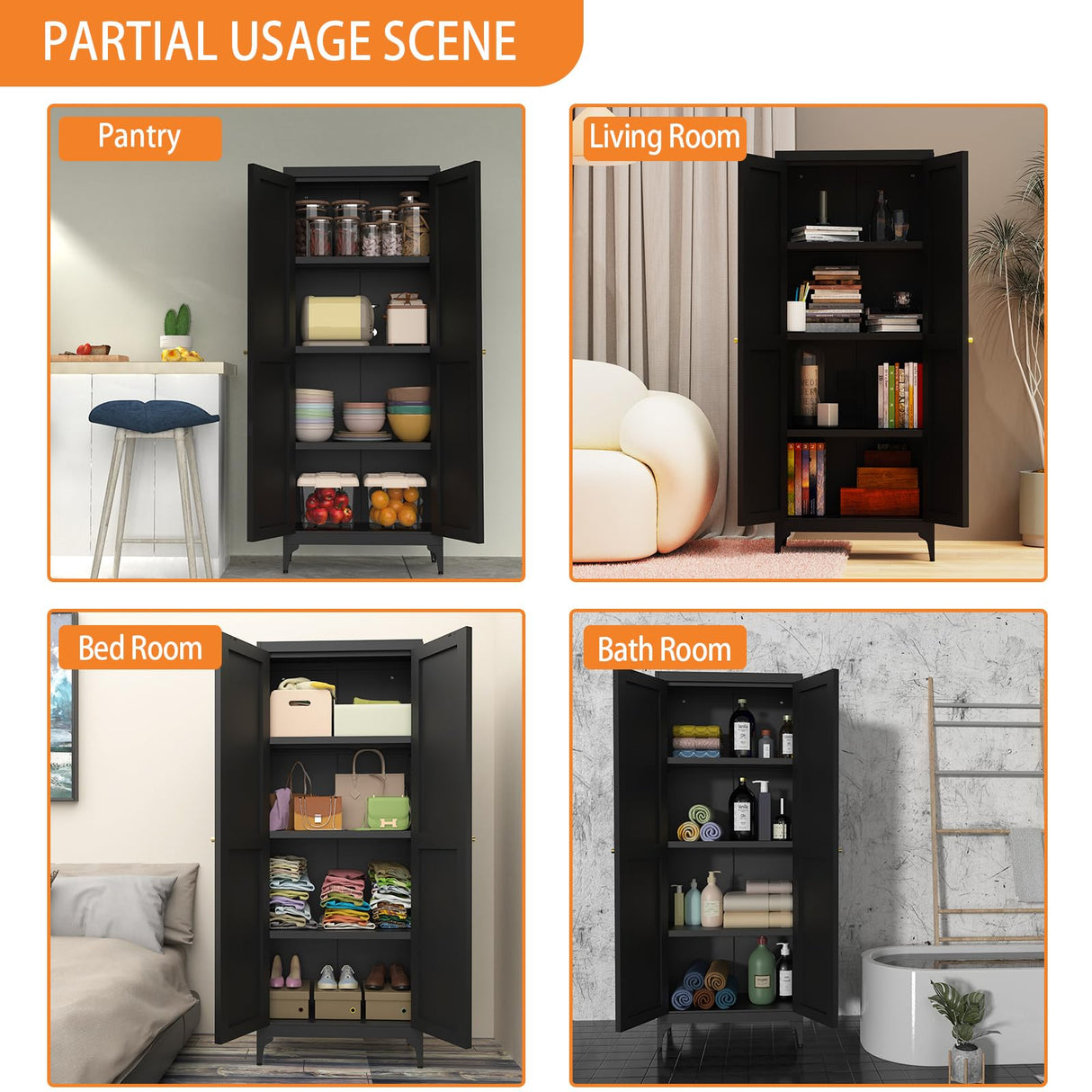 Howzone Tall Pantry Cabinet, 65" Kitchen Cupboard with Doors and Adjustable Shelves, Food Pantry Cabinets, Metal Hutch Cabinet with Storage for Kitchen, Living Room, Dining Room, Black Howzone