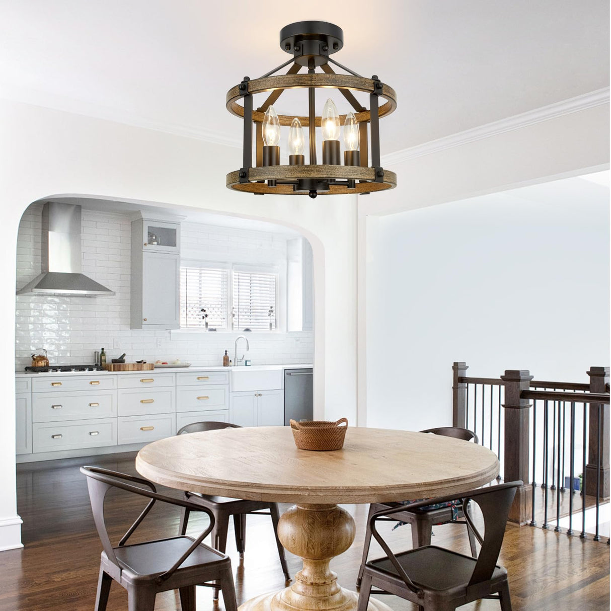 12.5" Farmhouse Semi Flush Mount Ceiling Light,4 Light Drum Rustic Semi Flush Ceiling Light,Black+Vintage Wood-Look Finish Semi Flush Light Fixture for Bedroom、Hallway、Kitchen、Laundry Room ZSANZYU