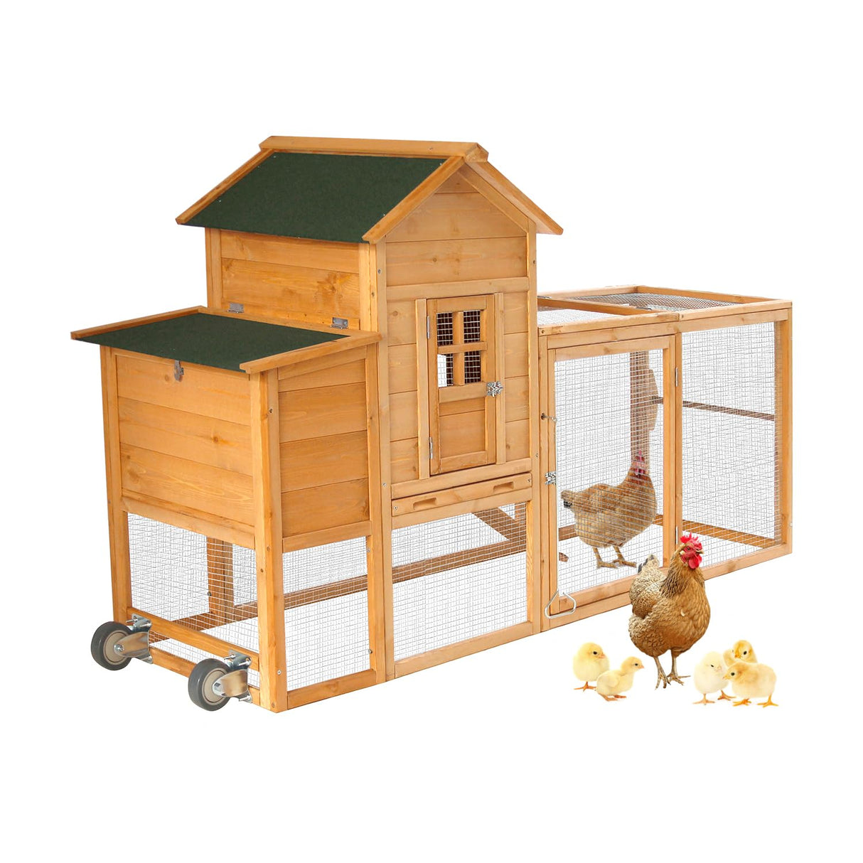 Ecolinear 80” Mobile Chicken Coop for 1-2 Chickens with Wheels,Outdoor Wooden Hen House with Nesting Box,Large Rabbit Hutch, Outside Poultry House,Wire Fence Run Cages,Weatherproof for Backyard,Wood ECOLINEAR