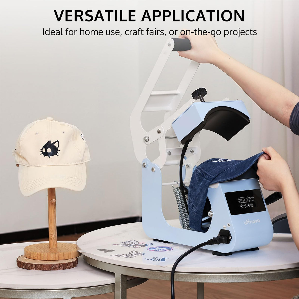 OFFNOVA Hat Heat Press Machine for Caps with 2 Interchangeable Platens, Temp & Time Control with Auto Countdown, Efficient Heat Transfer for HTV Iron On and Sublimation Projects (Handle-Blue) OFFNOVA