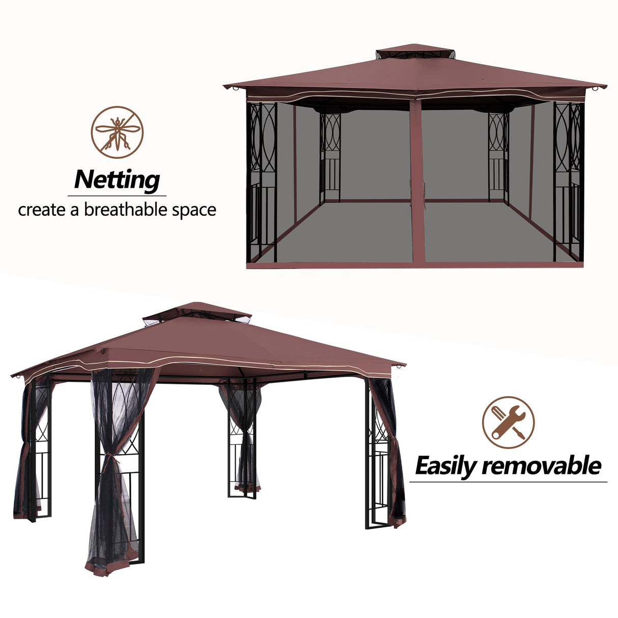 GARTOO 11'x13' Outdoor Patio Gazebo - Porch Gazebo with Polyester Roof & Breathable Netting, Best for Garden, Lawn, Backyard Deck (Chocolate) GARTOO