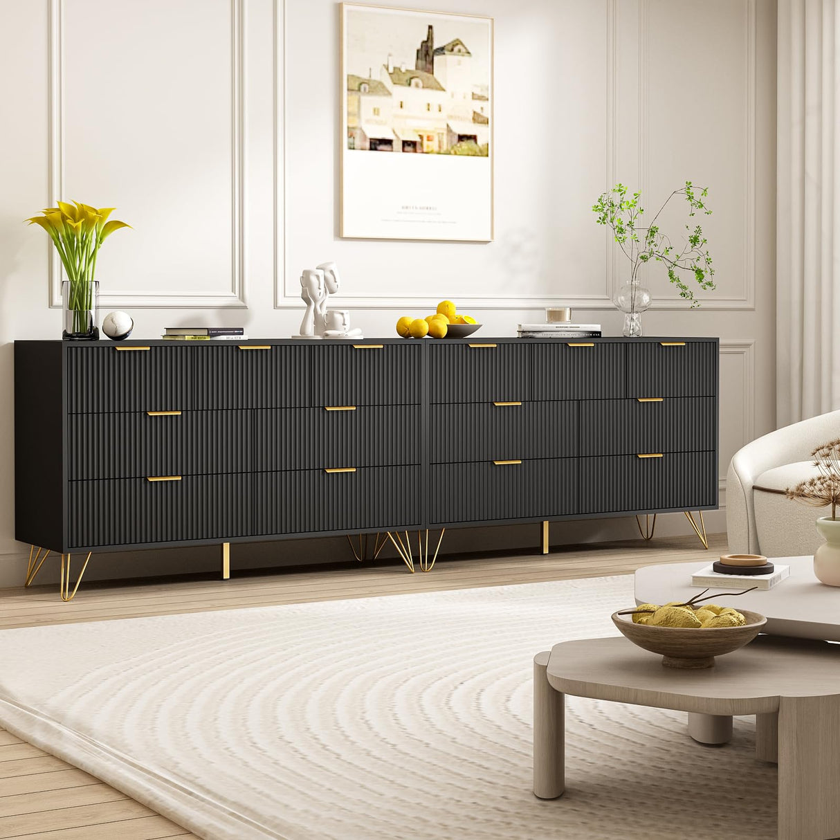 LYNSOM Dresser for Bedroom, Modern 7 Drawer Black Dresser with Metal Handles and Wide Drawer, Wood Chest of Drawers for Living Room LYNSOM