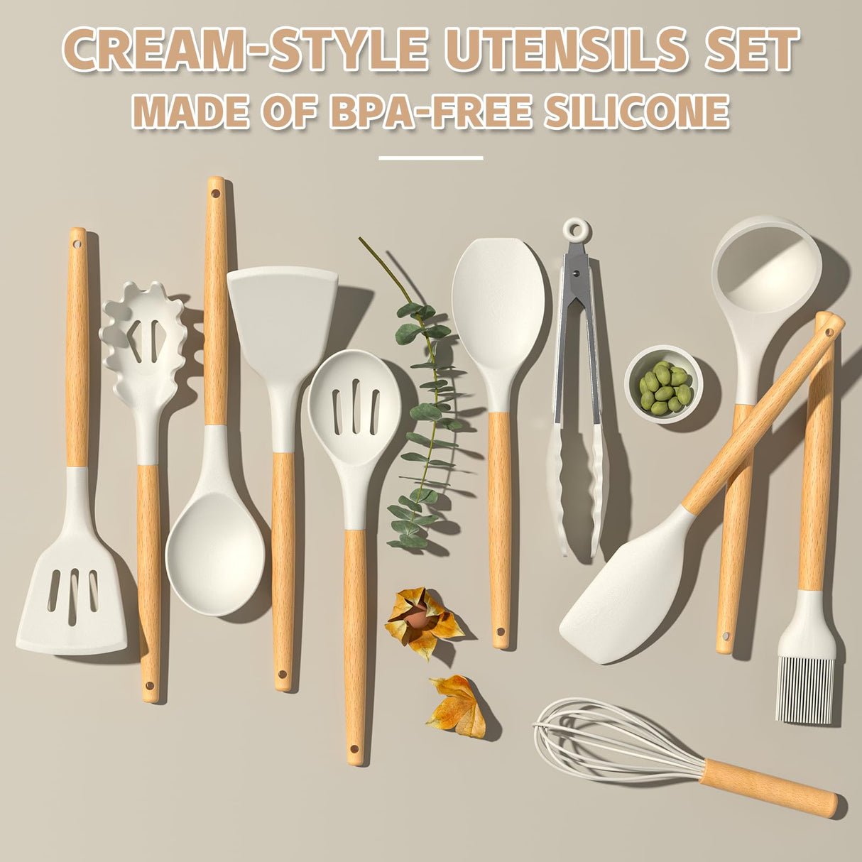 Umite Chef Kitchen Cooking Utensils Set, 33 pcs Non-stick Silicone Cooking Kitchen Utensils Spatula Set with Holder, Wooden Handle Silicone Kitchen Gadgets Utensil Set (Cream White) Umite Chef