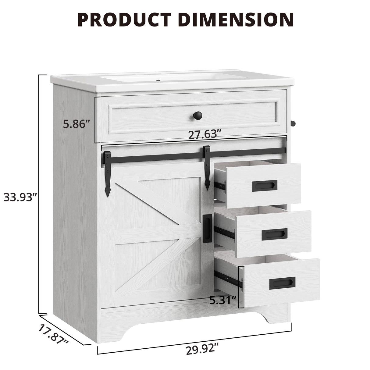 IRONCK 30" Bathroom Vanity with Sink, Farmhouse Bathroom Sink Cabinet with Flip Drawer & Sliding Barn Door, Freestanding Bathroom Vanities with Metal Handles, Paper Towel Holder,White IRONCK
