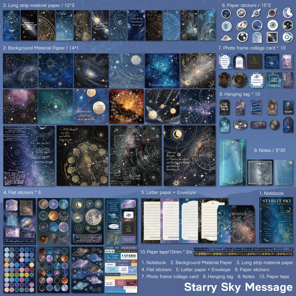 icceemee Scrapbooking Supplies Kit, Blue Starry Sky Scrapbooking Kit for Bullet Junk Journaling, Stationery, A6 Grid Notebook, Floral DIY Note-Taking Supplies, Birthday Craft Gift for Teen Girls icceemee