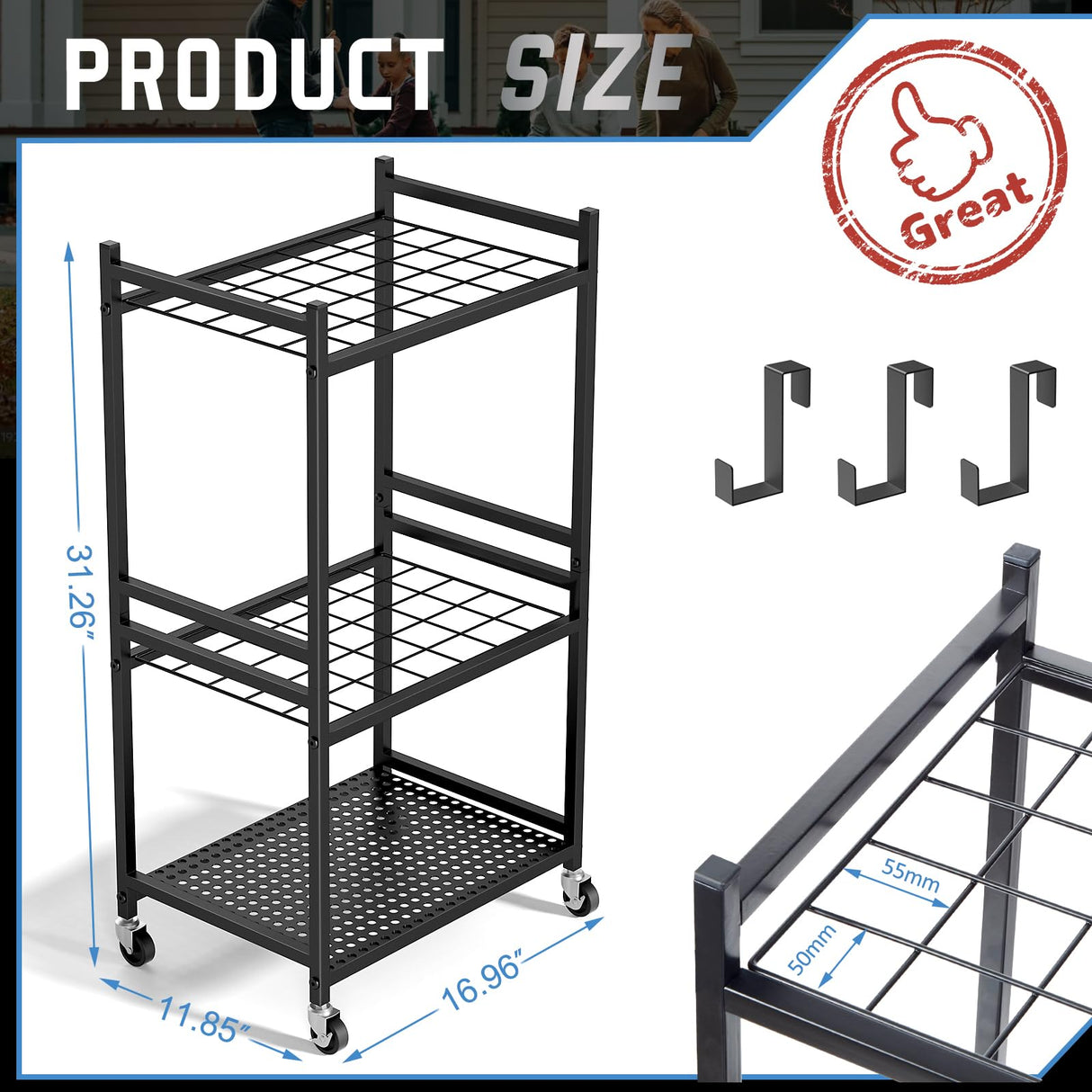 DAOUTIME Garden Organizer With Wheels, Yard Tower Rack for Garage Storage, Up to 35 Long-Handled Tools, Sturdy Metal Steel Holder With 3 Hooks, Outdoor, Black DAOUTIME