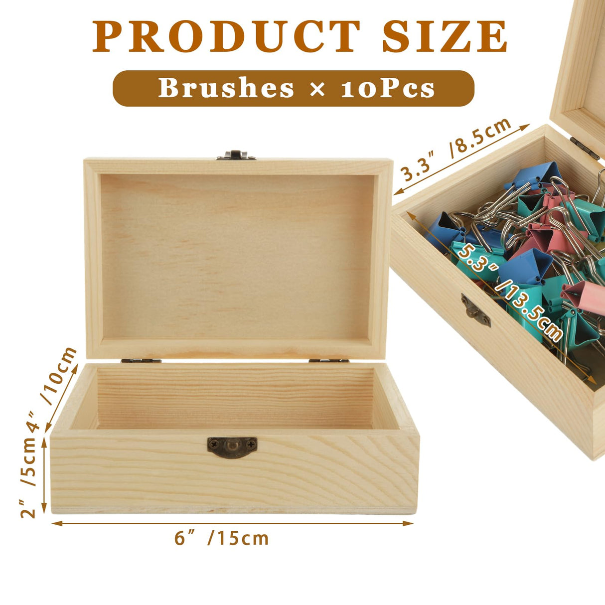 MUXHEL 12 Pcs Unfinished Wooden Boxes - 6" 4" 2" Wood Craft Boxes with Hinged Lid, Bulk Rectangle Wooden Storage Boxes for DIY, Painting, Storage (with 10 Brushes) MUXHEL