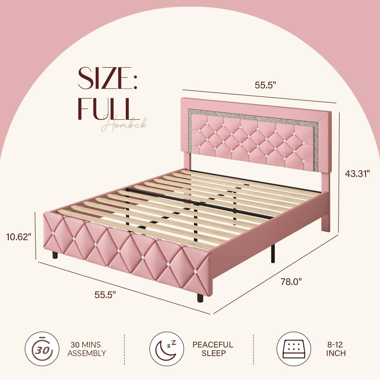 HOMBCK Full Size Bed Frame, Upholstered Pink Bed Frame Full Size with Diamond Tufted Headboard, Faux Leather Headboard & Footboard, Wooden Slats Support, No Box Spring Needed, Easy Assembly, Pink HOMBCK