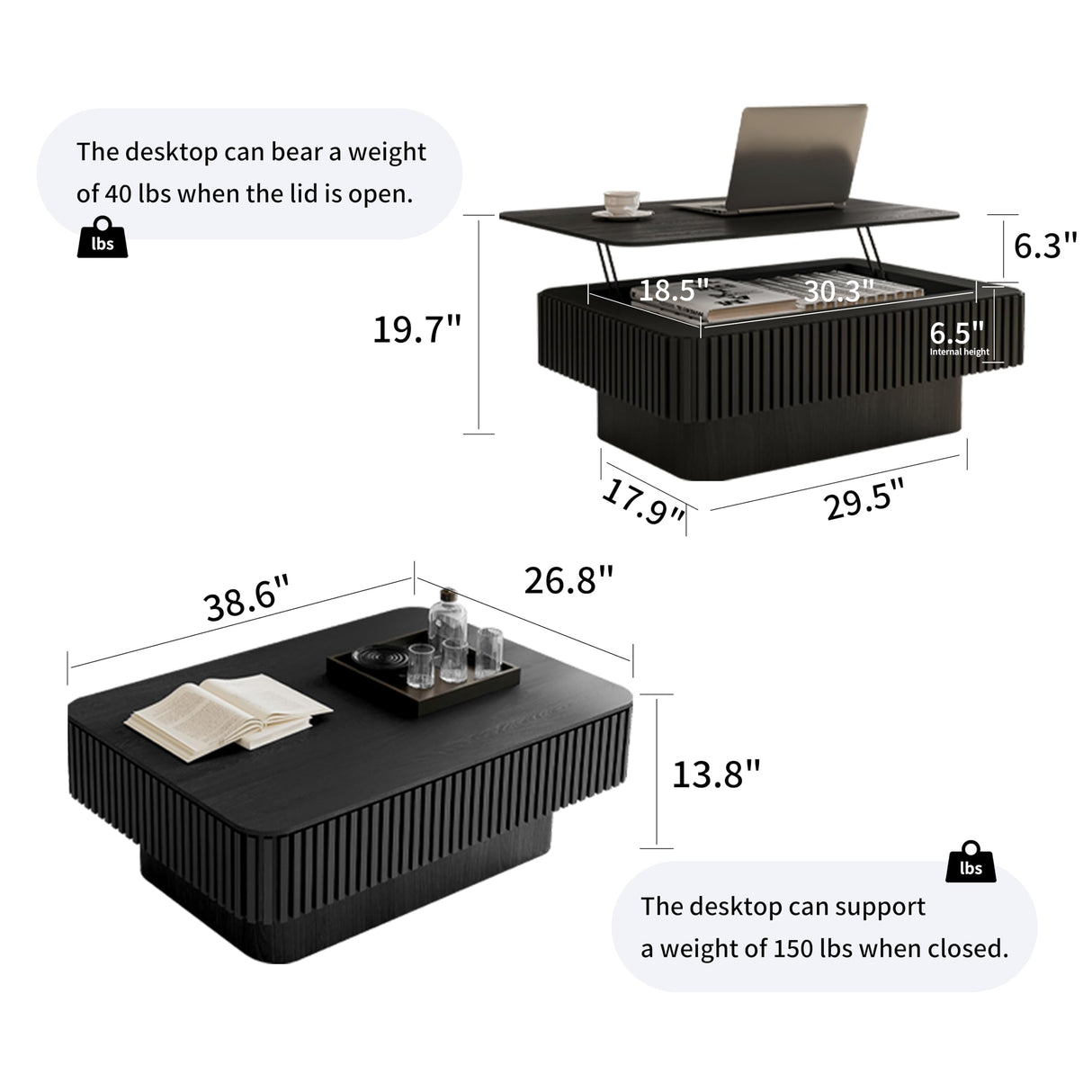 MELAABUU 38.6'' Lift Top Coffee Table with Hidden Compartment, Modern Rectangular Fluted Wooden Center Table Cocktail Tea Table with Storage and Adjustable Height for Living Room Apartment, Black MELAABUU