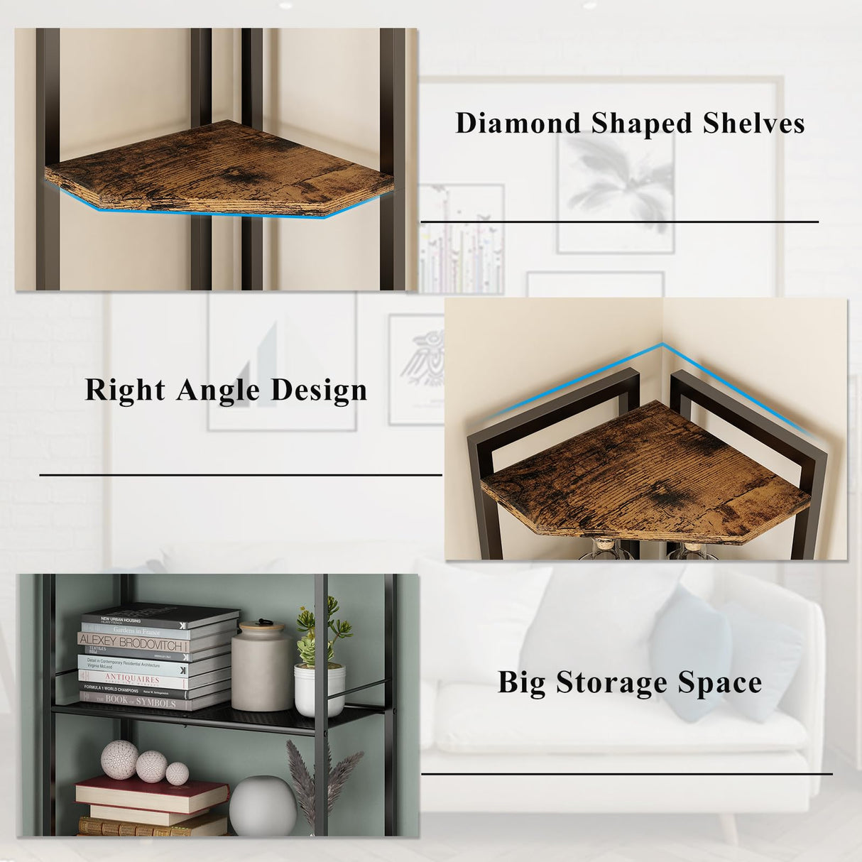 GILLAS 5 Tier Corner Shelf Stand, Freestanding Corner Shelf Unit Bookshelf, Corner Table with Shelf, Tall Storage Organizer Rack for Living Room, Bedroom, Office. Small Space, Metal, Country Rustic GILLAS