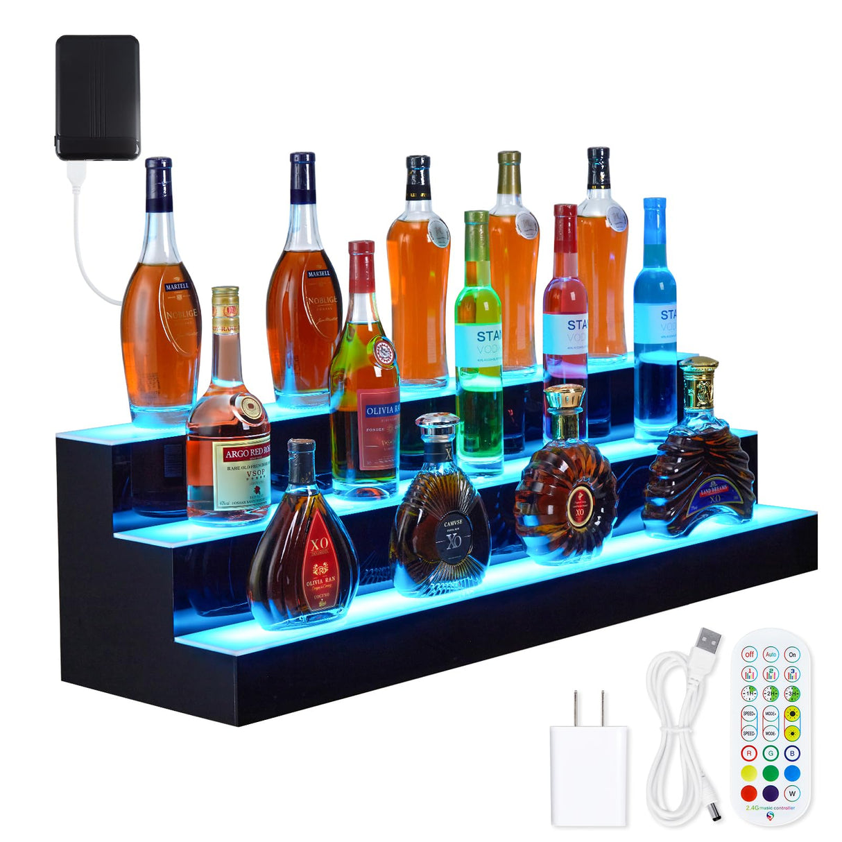 Takywep LED Lighted Liquor Bottle Display Shelf, 30-inch Bar Shelves with Remote & App Control, 3-Step Acrylic Lighted Bottle Display Stand for Home Commercial Bar Takywep