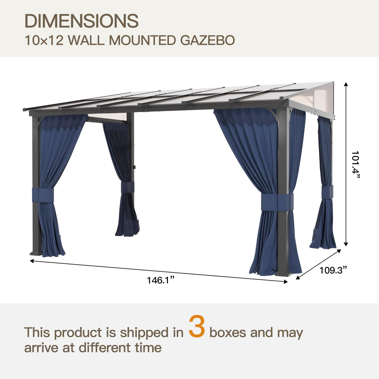 Trumbeak 10’ x 12’ Gazebo for Patio,Wall Mounted Gazebo with Sloping Polycarbonate Roof,Outdoor Gazebo w/Netting & Curtain,Aluminum Frame Hardtop Gazebo for Garden,Deck,Backyard,NavyBlue Trumbeak