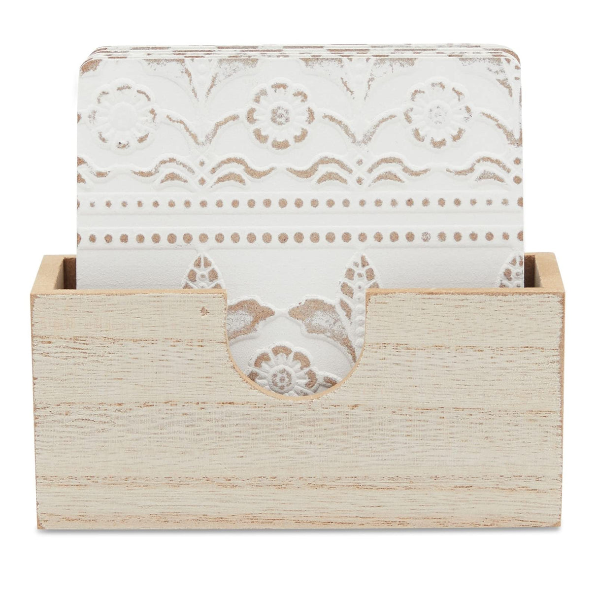 Juvale Set of 6 White Wooden Coasters with Holder for Drinks, Coffee Table, and Floral Farmhouse Decor (3.8 Inches) Juvale