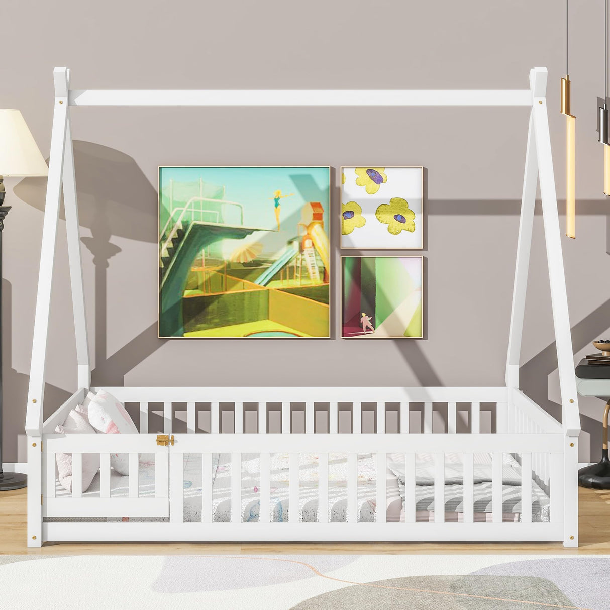 Full Size Teepee Tent Floor Bed with Guardrails & Door for Kids - White Wood Montessori Frame Bellemave