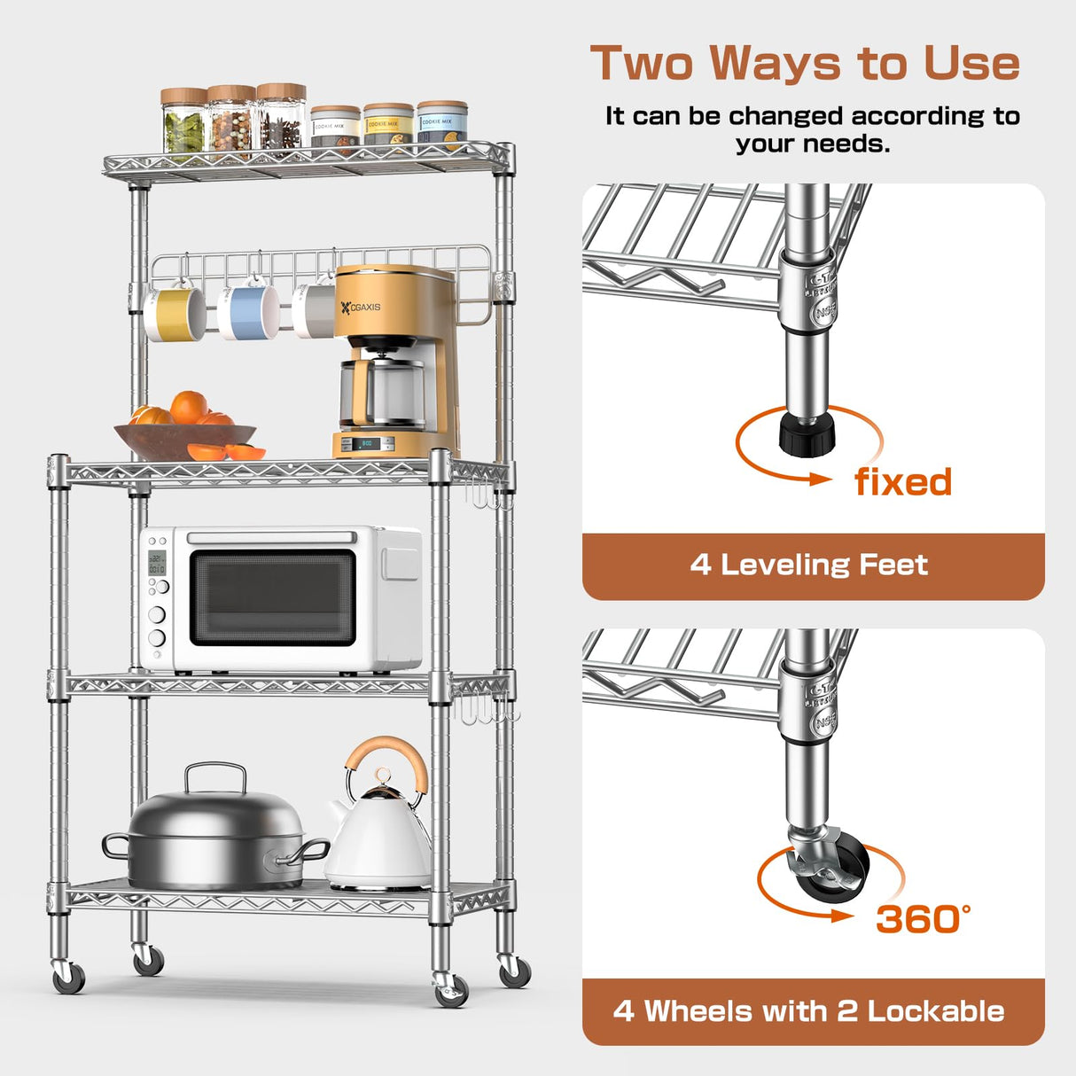 Leteuke Bakers Rack for Kitchen with Storage, NSF Certified 4-Tier Adjustable Coffee Bar with Wheels 10 S-Hooks Microwave Stand Kitchen Storage Shelf Metal Storage Rack 30 x 14 x 59 Inches, Chrome Leteuke