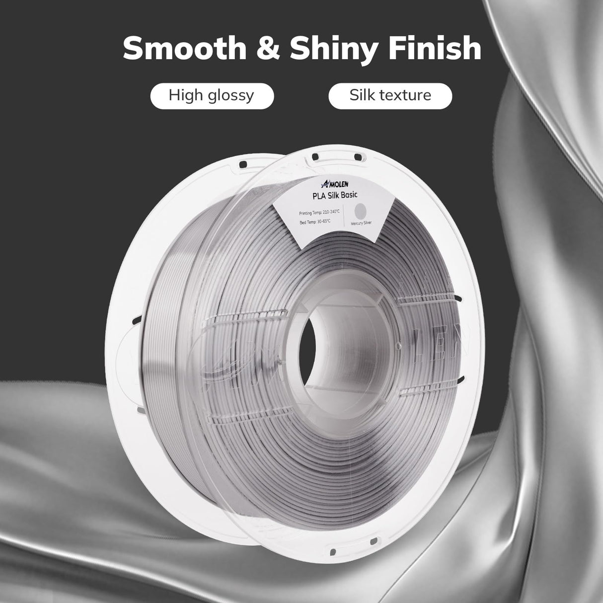AMOLEN Silk PLA Filament Mercury Silver, 3D Printer Filament 1.75mm for 3D Printing 1kg(2.2lbs) Spool Compatible with Most FDM Printer AMOLEN