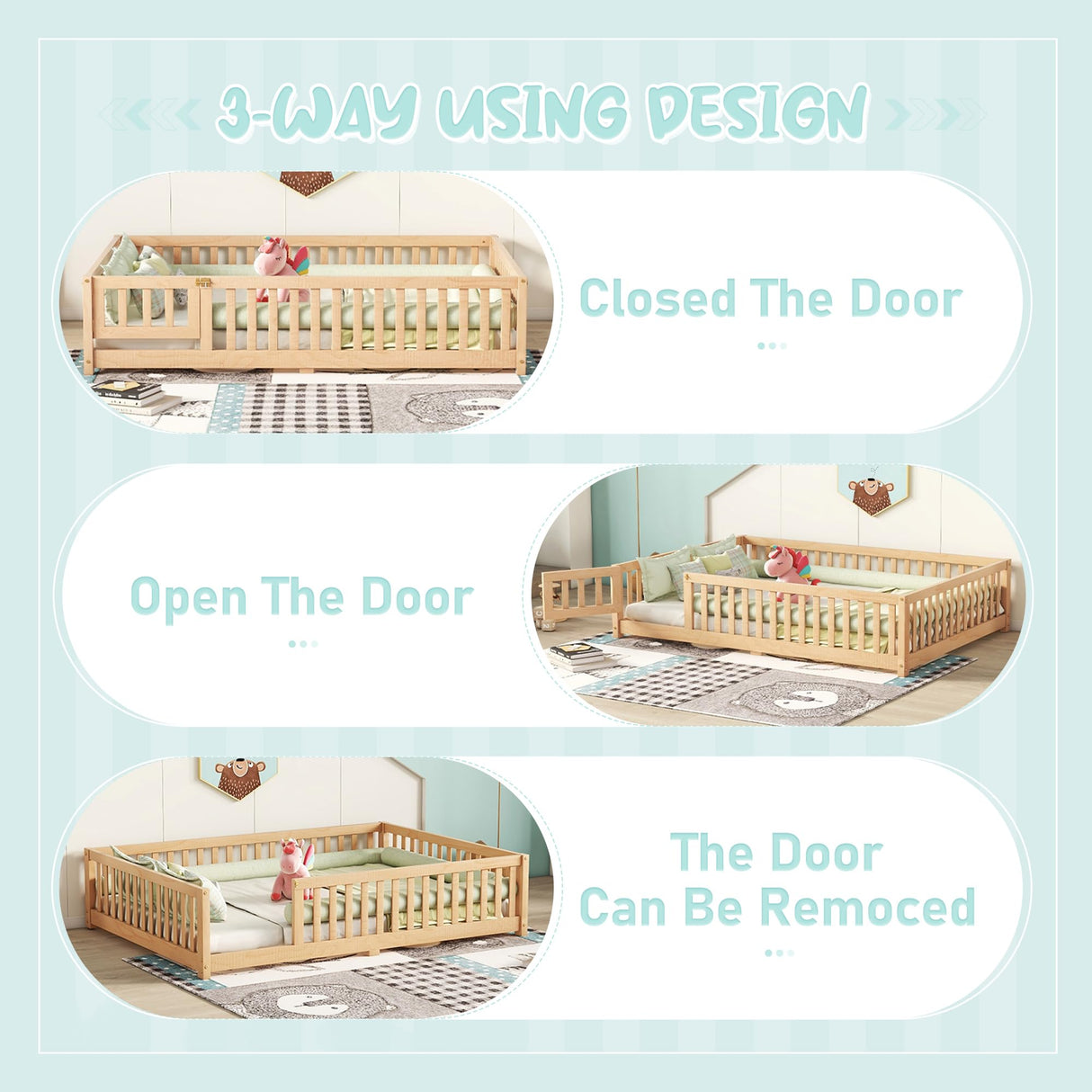 A ALFRESCOOL Full Size Montessori Floor Bed with Safety Guardrails and Convertible Door, Sturdy Pine Wood Floor Bed Frame with Wooden Supports Slats for Toddlers Kids Girls Boys Bedroom (Natural) A ALFRESCOOL