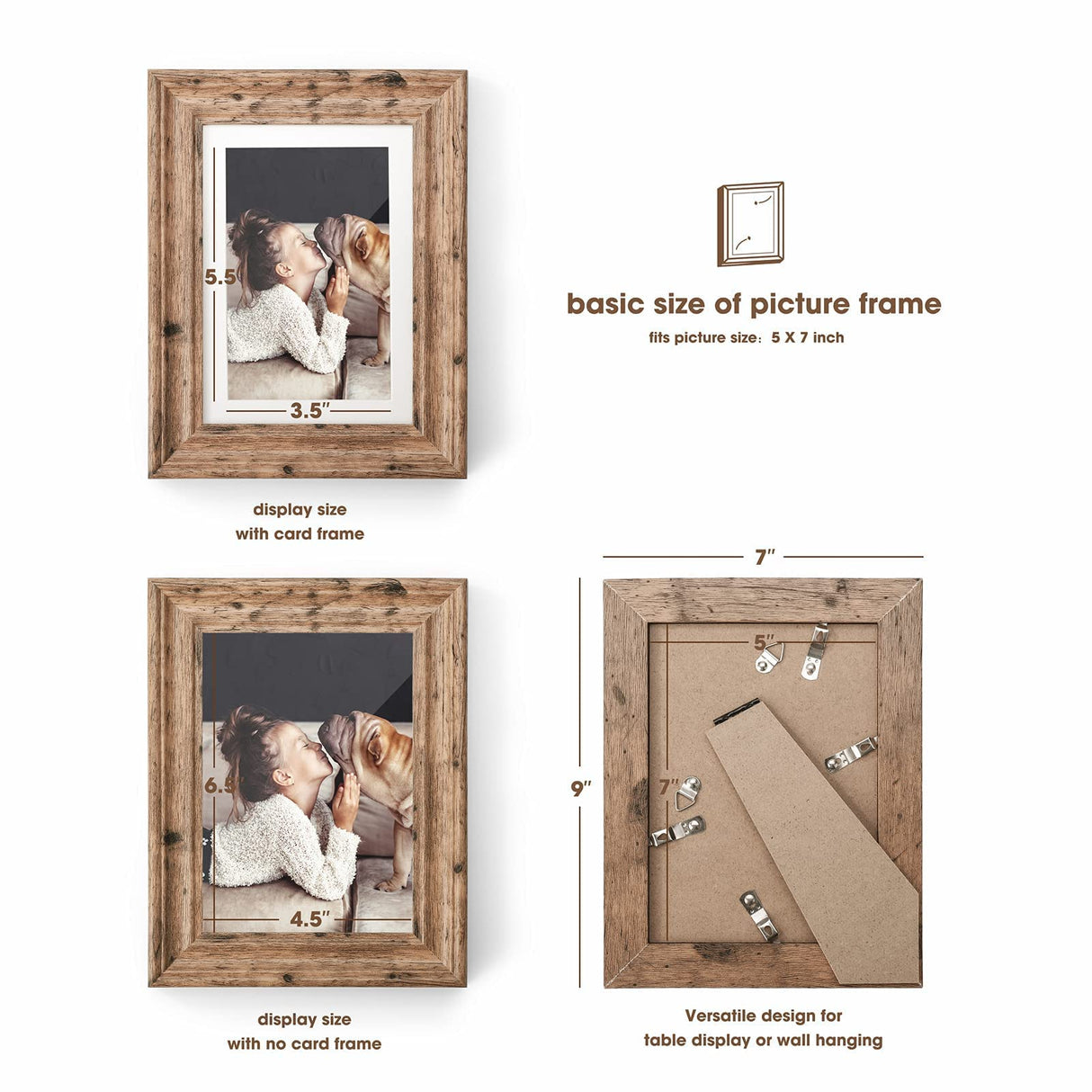 TWING 5x7 Picture Frames Set of 6, Rustic Picture Frame 4x6 with Mat or 5X7 Without Mat, Tabletop Display Wall Mounting Collage Photo Frames Brown Walnut Wood Pattern TWING